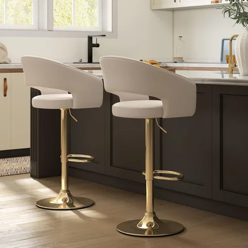 Vista 3 de Hyfirm Juego de 2 modernas sillas de bar de cocina con base cromada dorada, taburetes de bar giratorios ajustables con respaldo y reposapiés