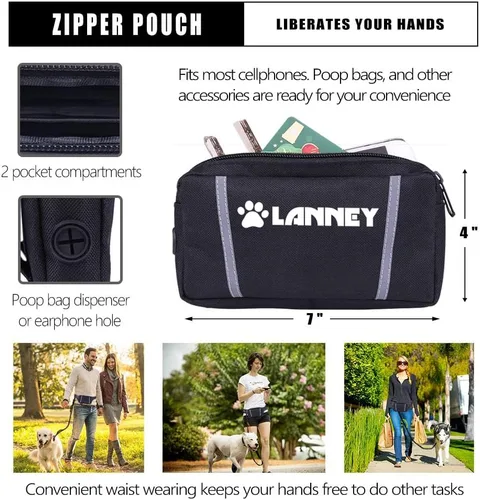 Vista 6 de Correa de perro manos libres, correa de cintura para correr con cremallera, bolsa para caminar para perros medianos grandes, mango doble
