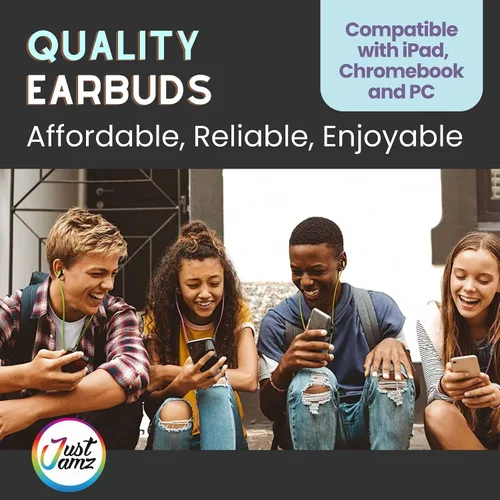 Vista 9 de JustJamz Paquete de 200 auriculares a granel para el aula, incluye 100 auriculares multicolor y 100 blancos con cable con conector de 0.138 in
