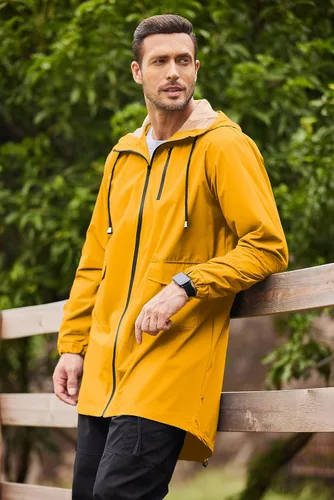 Vista 7 de COOFANDY Chubasquero largo para hombre, chaqueta impermeable para exteriores, con capucha