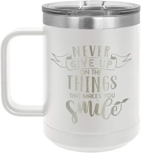 Vista 18 de Nunca renuncies a las cosas que hacen sonreír, taza de café negra de 15 oz con tapa superior deslizante, taza de café de viaje aislada, regalo