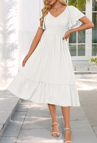 Vista 2 de MEROKEETY Vestido midi casual de verano con cuello en V y mangas fruncidas con volantes y cintura alta con bolsillos