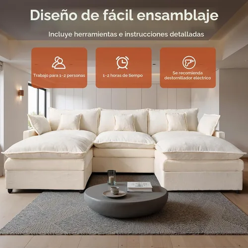Vista 8 de 108" sofá seccional modular de gran tamaño en forma de U con el otomano Beige