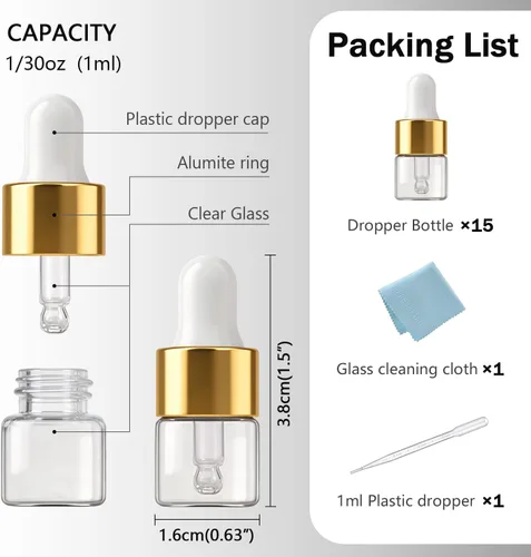 Vista 3 de Elfenstall- Mini Empty 15pcs 1ml (1/4 Dram) Clear Glass Bottle with Glass Eye Dropper Vial Small for Essential Oil Sample