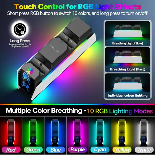 Vista 4 de Estación de carga para controlador PS 5 compatible con PlayStation 5 Dual Controller, 9 iluminaciones, estación de carga de accesorios PS 5, soporte