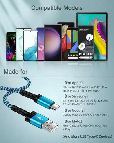 Vista 7 de Paquete de 3 cables de carga USB C de 3/6/10 pies de carga rápida para iPhone 17e/17/16e/16 15 Pro/15 Pro Max/15 Plus, Android Samsung Galaxy S25