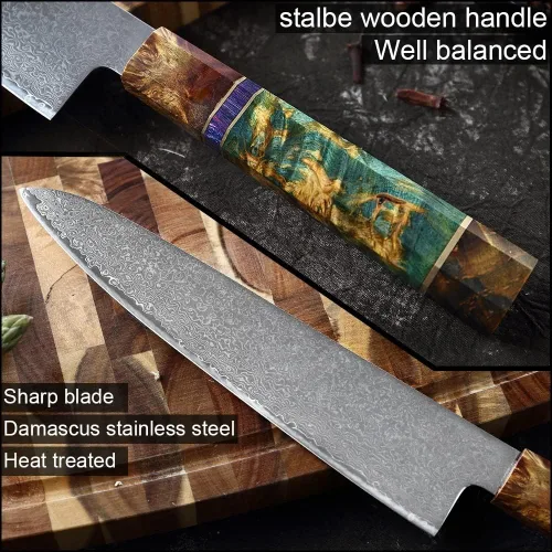 Vista 5 de ZZYY - Juego de 9 cuchillos japoneses de acero de Damasco con mango de madera solidificada, cuchillos Nakiri, cuchillo de chef Santoku, cuchillo