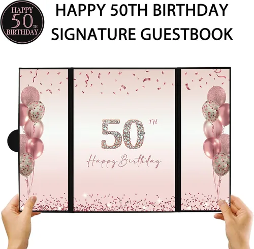Vista 2 de DARUNAXY Decoraciones de fiesta de 50 cumpleaños en oro rosa para mujeres, libro de firmas alternativo de feliz 50 cumpleaños, tarjeta de firma