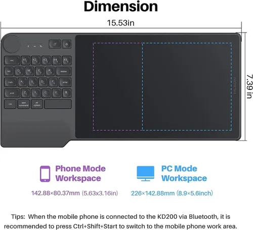Vista 14 de Tableta de dibujo inalámbrica HUION Inspiroy Keydial KD200 Art Tablet, 8,9 Tableta gráfica Bluetooth con dial y teclado, 5 teclas personalizadas