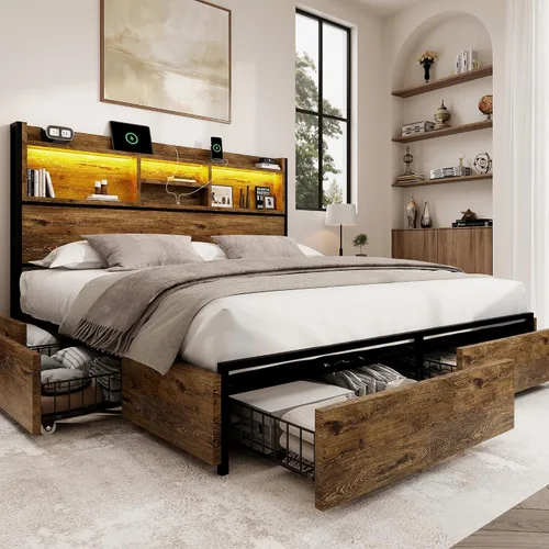 Vista 10 de BRELTAM Base de cama Queen con 6 cajones de almacenamiento, cabecera tapizada de lino, estación de carga USB integrada e iluminación LED, soporte
