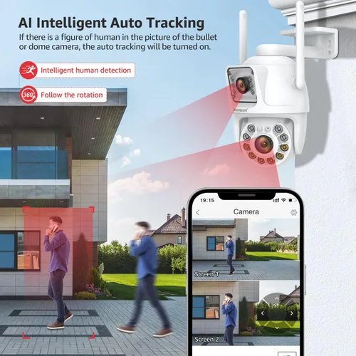 Vista 4 de BOAVISION Paquete de 2 cámaras de seguridad WiFi 2.4G/5G para exteriores, PTZ inalámbrica de lente dual, vista de 360°, seguimiento humano con IA