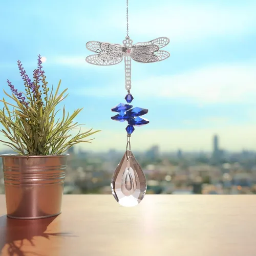 Vista 2 de WEISIPU Prisma atrapasoles de cristal – Atrapasoles de libélula para ventanas colgantes de arco iris, adorno de libélula de metal de cristal K9