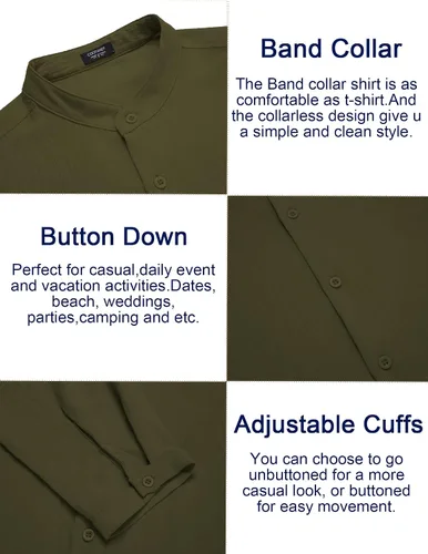 Vista 5 de COOFANDY Camisa de lino para hombre, manga larga, ajuste regular, con botones, informal, para la playa, sin cuello