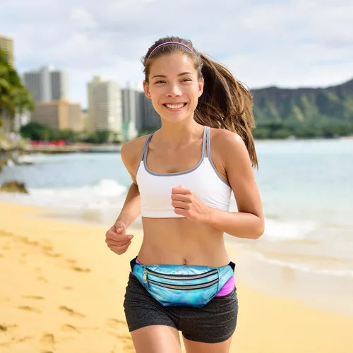 Vista 6 de Riñonera holográfica de 3 piezas para mujeres, hombres y niños, cintura deportiva de color metálico con bolsas y cinturón ajustable, paquete