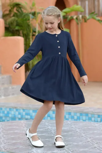 Vista 4 de Gorlya - Vestido de manga corta con botones y cintura plisada para niñas de 4 a 12 años