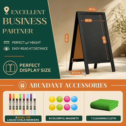 Vista 5 de 4 THOUGHT Pizarra magnética de doble cara con marco A de 40"x20", tablero de madera de pino macizo independiente para sándwiches para restaurantes