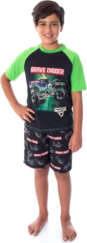 Vista 5 de INTIMO Monster Jam Grave Digger Monster Truck - Conjunto de pijama de 2 piezas para niño Negro