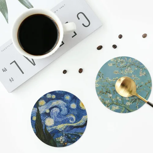 Vista 4 de Posavasos Van Gogh para decoración de bar en el hogar 4 posavasos redondos de cuero para pintura artística para bebidas; almohadillas para 8