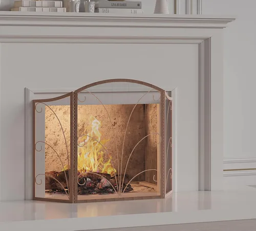 Vista 4 de Kingson - Pantalla para chimenea de 3 paneles con arco, a prueba de niños, decorativa, hecha a mano, de hierro forjado con espiral, cubierta Bronce