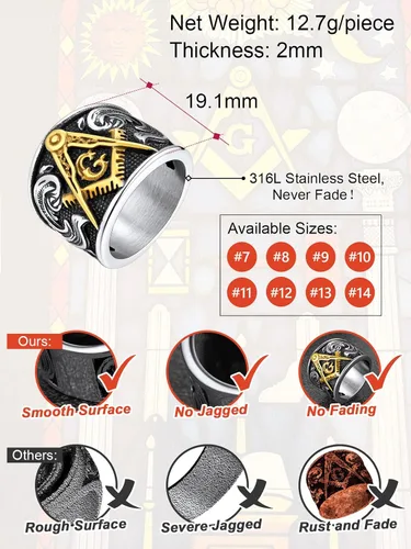 Vista 6 de FaithHeart Anillos de sello masónico para hombres, joyería masónica de acero inoxidable, anillo de pulgar punk con embalaje delicado