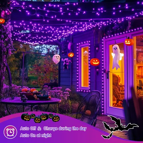 Vista 4 de JMEXSUSS - Paquete de 2 luces solares de Halloween, 33 pies, 100 luces LED Púrpura