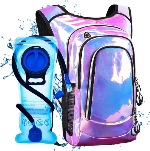 Vista 10 de Mochila de hidratación rave, paquete de hidratación para festivales con vejiga de agua de 2 L, mochila de agua ligera, bolsa de hidratación