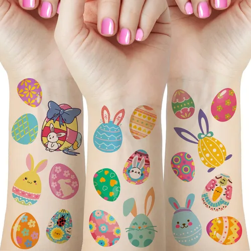 Vista 8 de 66 tatuajes de Pascua, 12 hojas coloridas de huevos de conejo, pollo, flores de primavera, calcomanías de mariposa para relleno de huevos de Pascua