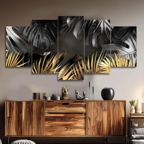 Vista 5 de Pintura de hojas negras y doradas, decoración de pared para sala de estar, arte de naturaleza en lienzo, obra de arte moderna, impresiones
