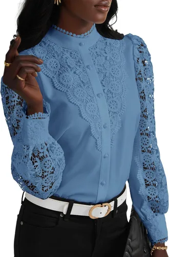 Vista 26 de Rooscier Blusa Elegante de Encaje de Crochet con Cuello Alto Simulado de Manga Larga con Botones para Mujer Top