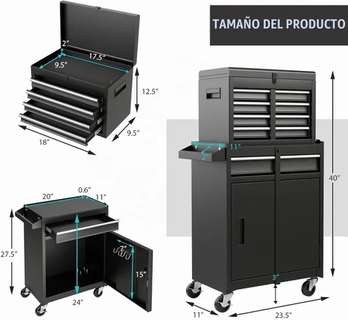 Vista 3 de Goplus Baúl de herramientas, gabinete de almacenamiento de herramientas con 5 cajones y ruedas, con parte superior desmontable, caja