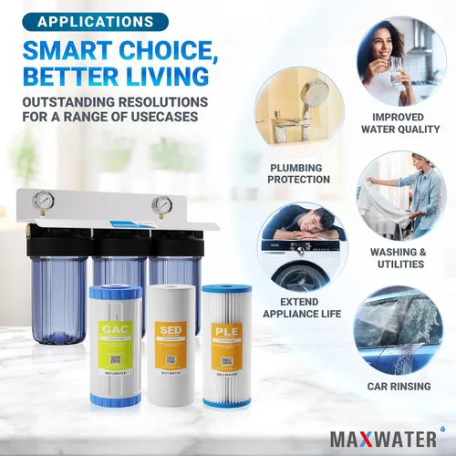Vista 6 de Max Water Sistema de filtración de agua de 3 etapas (sedimento, olor y mejora el sabor) para toda la casa (10 pulgadas x 4.5 pulgadas), sistema