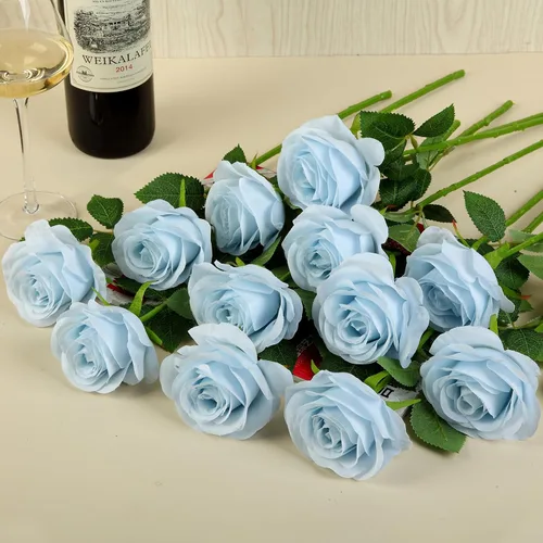 Vista 4 de 12 piezas Rosas Flores Artificiales Rosas Falsas Azul Bebé Rosas de Seda Flores de Seda Blancas Rosas con Tallos Largos para Bodas Hogar Fiestas