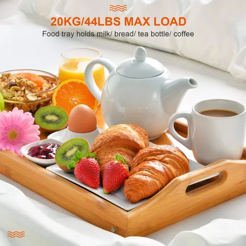Vista 7 de Moclever Bandeja de desayuno con patas plegables – Bandeja para servir bambú – bandejas de cena, bandeja de té, bandeja de bar, bandejas de cama