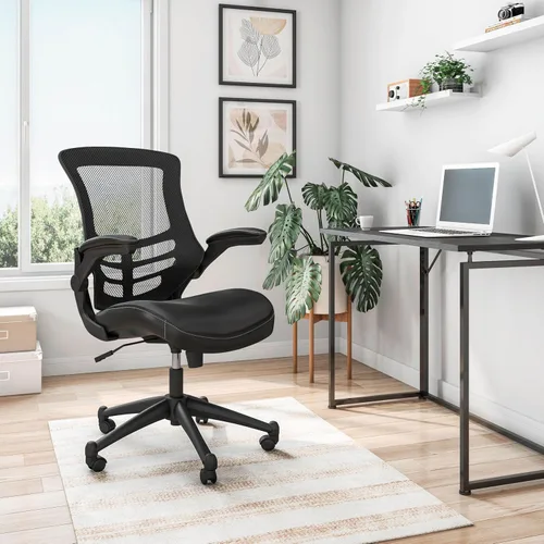 Vista 2 de Elegante silla de oficina de malla con respaldo medio con brazos ajustables. Color: negro Mid-back desk chair, breathable mesh back, PU leather
