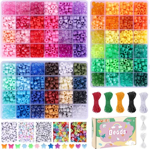 Vista 10 de QUEFE Juego de pulseras de cuentas de poni, 1900 unidades, 48 colores, kit de pulsera de amistad con cuentas Kandi de arco iris, cuentas de letras