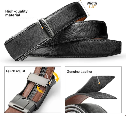 Vista 2 de Cinturón de trinquete para hombres,Cinturón de vestir de cuero genuino de 1 38 pulgadas con hebilla ajustable deslizante,Pantalones de hombre camisa