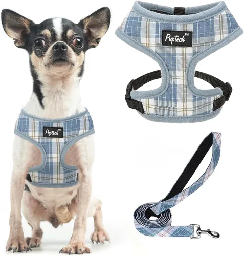 Vista 49 de PUPTECK Juego de arnés y correa de malla suave para perro, cachorro y gato, cómodo chaleco acolchado sin tirones, azul Pascua, S