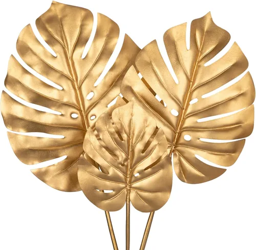 Vista 17 de DILATATA Hojas Artificiales de Monstera con Tallos de 28", Hojas Tropicales de Imitación Otoñales Falsas de Seda Naranja Monstera, Ramas de Palma