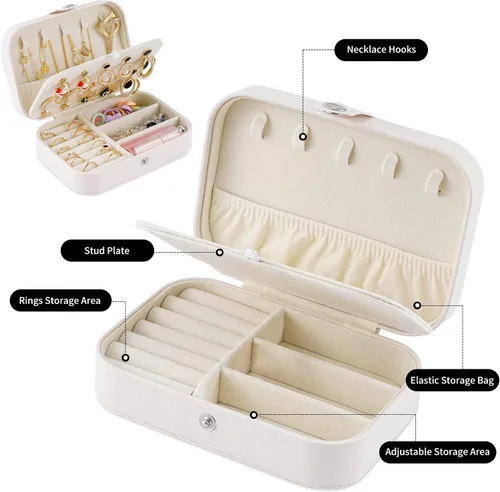 Vista 3 de Joyero de viaje, organizador de joyas pequeño de piel sintética para mujeres y niñas, mini estuche de viaje portátil de doble capa, cajas
