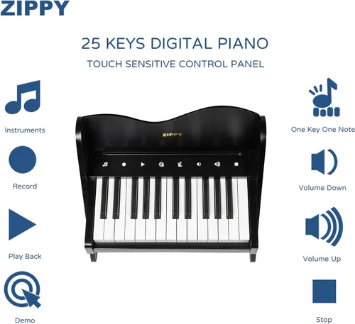 Vista 2 de ZIPPY Teclado de piano para niños, piano digital de 25 teclas para niños, panel de control sensible al tacto, volumen ajustable, mini juguete