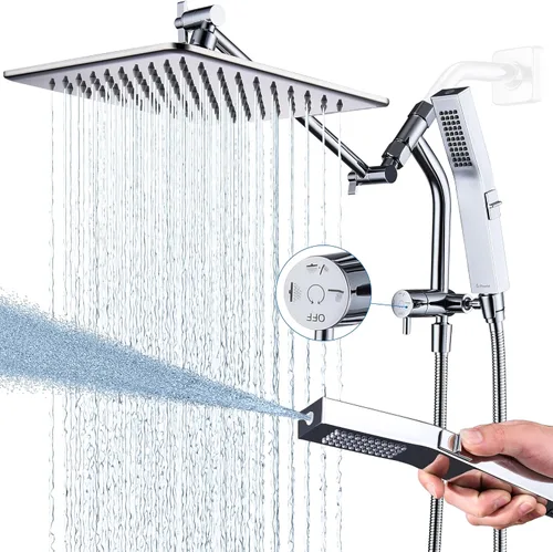 Vista 8 de G-Promise Cabezal de ducha de lluvia de metal completo de 10 pulgadas con modo de lavado de potencia incorporado manual, desviador de 3 vías