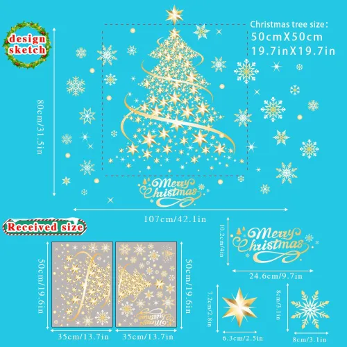 Vista 5 de Decoraciones de Navidad para ventana, árbol de Navidad dorado, copos de nieve, calcomanías de doble cara, decoración de ventana, pared, puerta