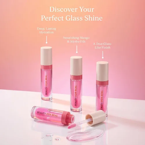 Vista 3 de Beauty For Real Lip Revival Hi-Shine - Aceite labial hidratante, boina de frambuesa (rosa transparente) - Ligero - Antiadherente, acabado brillante