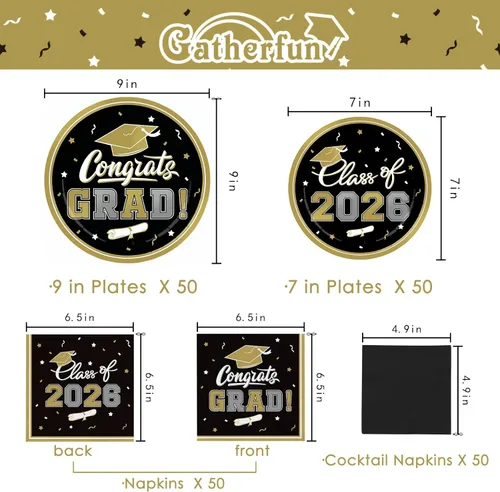 Vista 2 de Platos y servilletas de fiesta de graduación, decoraciones de graduación de clase de 2026, platos de papel desechables negros y dorados, servilletas