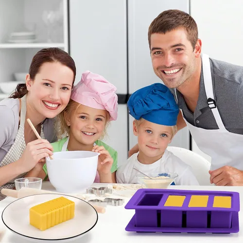 Vista 6 de Molde de mantequilla con tapa, recipiente de silicona para mantequilla con espátula, moldes de silicona antiadherentes para hacer 4 formas de barra