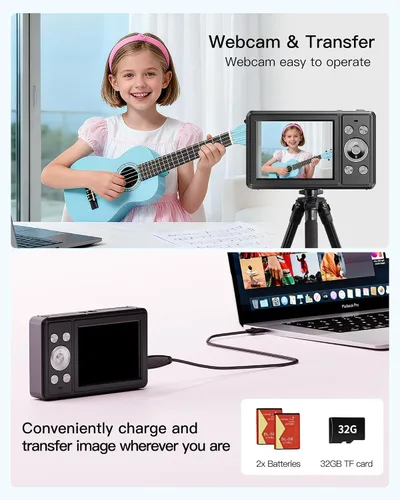 Vista 8 de Cámara digital, cámara FHD 1080P para apuntar y disparar con tarjeta SD de 32 GB, 2 baterías, zoom 16X, antivibraciones, diseño pequeño compacto