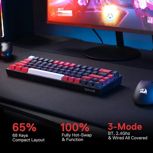 Vista 2 de Redragon K631 PRO - Teclado mecánico compacto con 3 modos RGB inalámbrico para juegos 68 teclas intercambiables en caliente con enchufe PCB