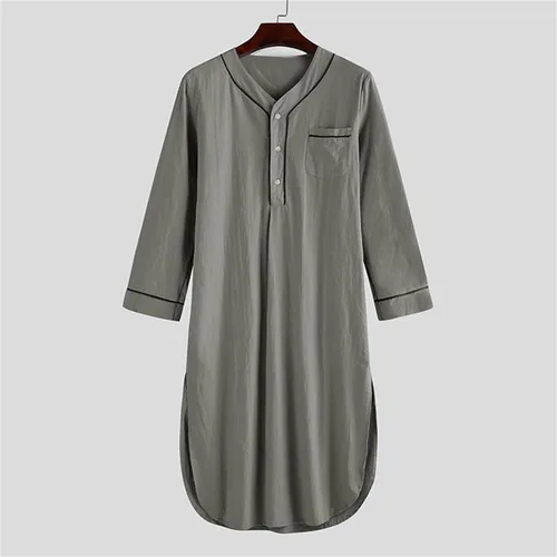 Vista 4 de Camisón de algodón para hombre, cuello en V, manga larga, con botones, camisón de verano, de longitud media, Henley, ropa de dormir