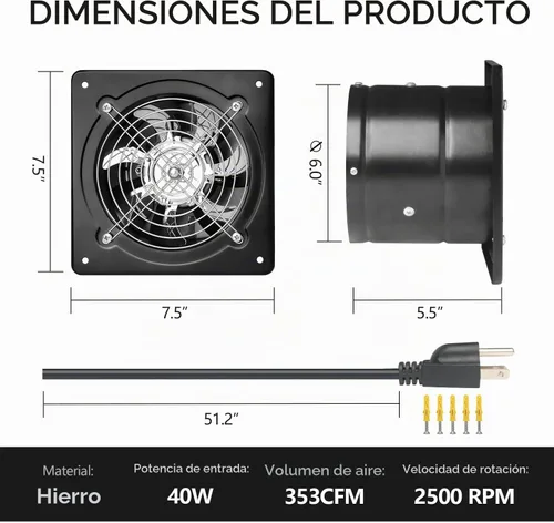 Vista 2 de Ventilador de escape de velocidad variable de 6 pulgadas, ventilador de ventilación 353CFM, extractor de pared de 110 V con controlador de velocidad