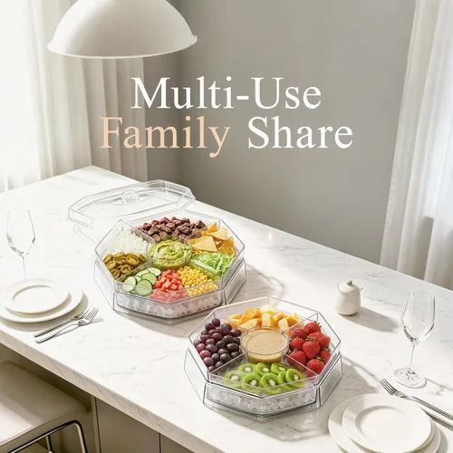 Vista 5 de 5 compartimentos para servir hielo Lazy Susan, plato de cóctel de camarones divididos con tapa, plato de plástico para tacos, bandeja fría